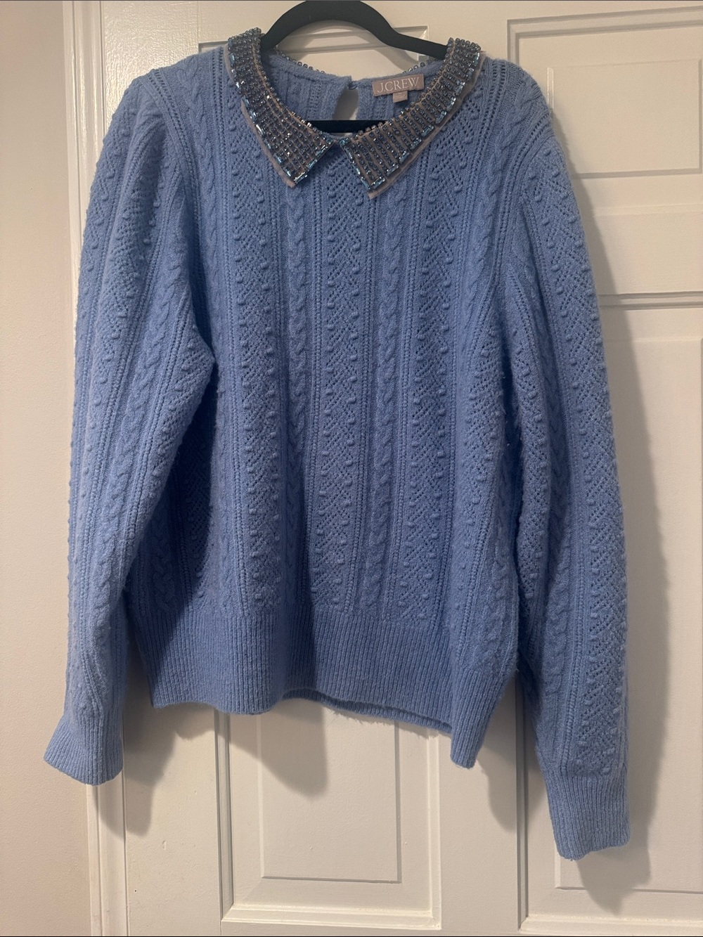 J. Crew Powder Blue Cable Knit Sweater with Beaded Collar